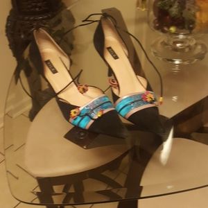 Black suede tie up heels